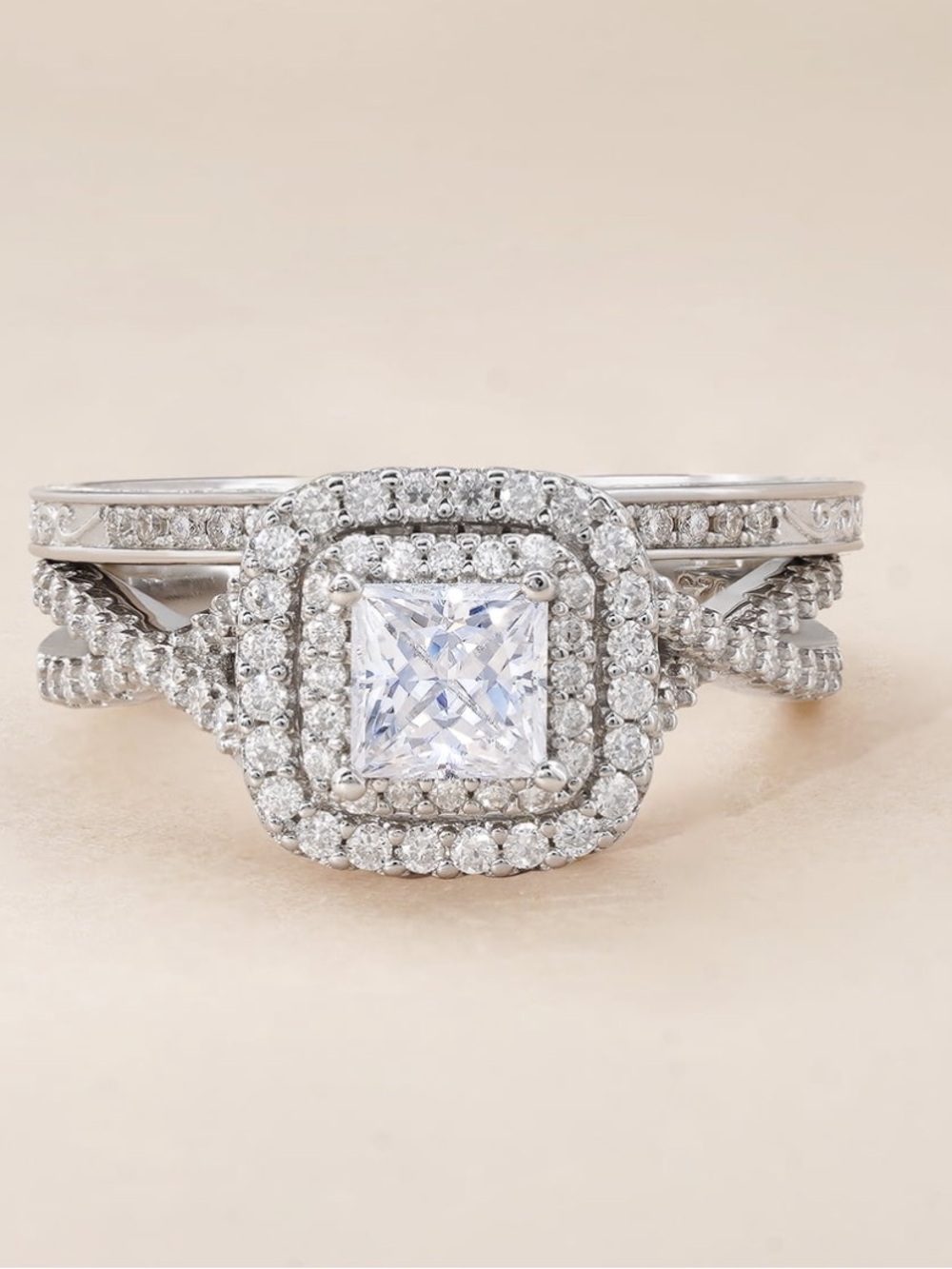 💎 diamond Moissanite Double Halo Wedding Ring Set in Silver